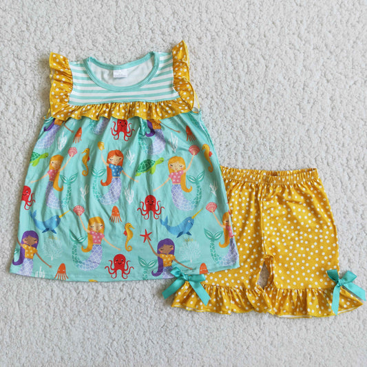 Girls Summer Fish Outfits Short Sleeves Yellow Shorts