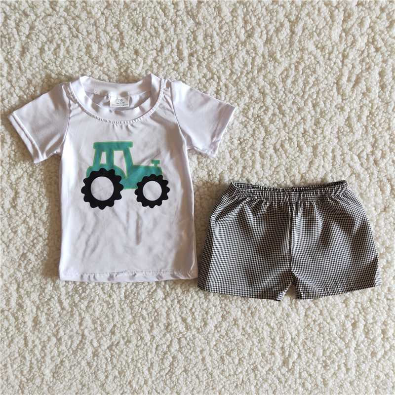 Boys Tractor Outfits Short Sleeves Black Shorts