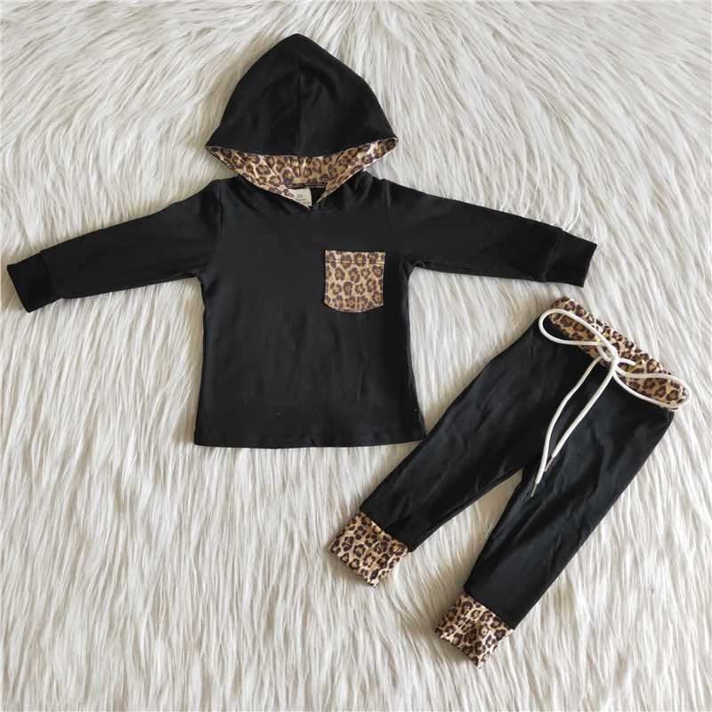 Boys Leopard Outfits Long Sleeves Hoodies Joggers Black