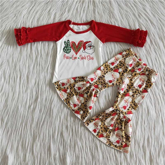 Baby Girls Christmas Peace Love Santa Outfits Long Sleeves Bell Bottom Pants