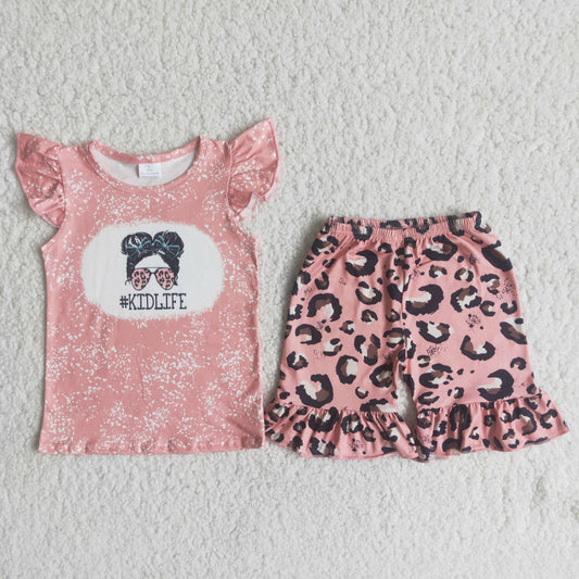 Girls Kidlife Pink Outfits Short Sleeves Leopard Shorts