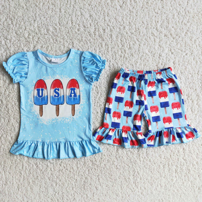 Girls USA Outfits Short Sleeves Blue Shorts