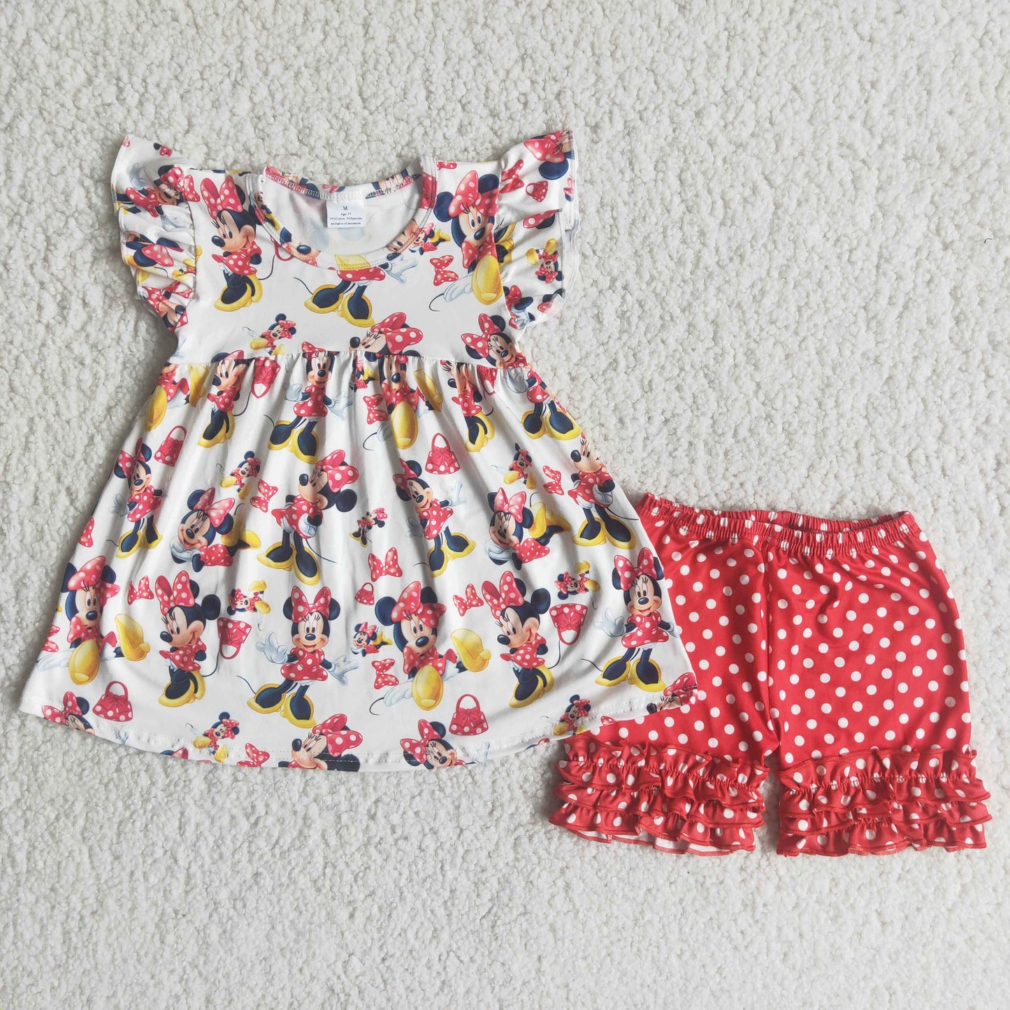 Girls Cartoon Outfits Short Sleeves Red Polka Dot Shorts