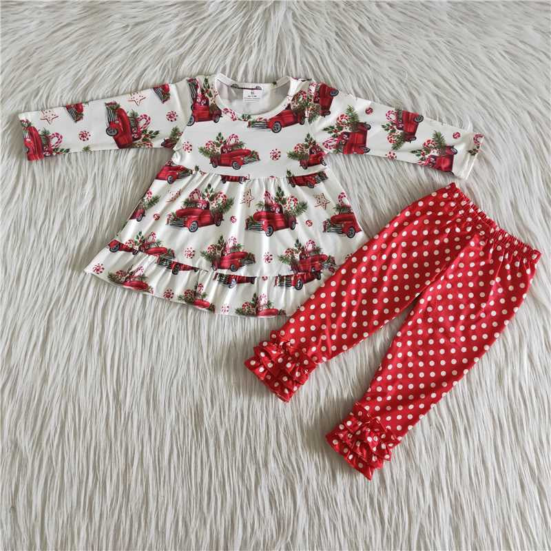 Girls Christmas Car Outfits Long Sleeves Polka Dot Pants Red