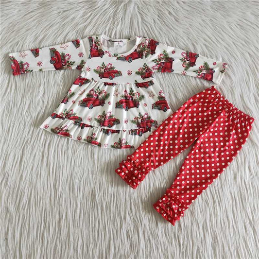 Girls Christmas Car Outfits Long Sleeves Polka Dot Pants Red