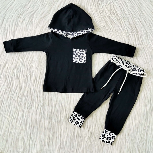 Boys Black Outfits Long Sleeves Hoodies Joggers Leopard