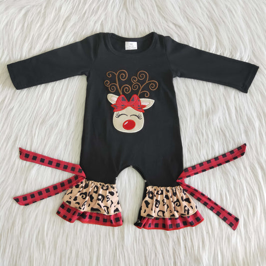 Girls Embroidery Christmas Reindeer Rompers Black