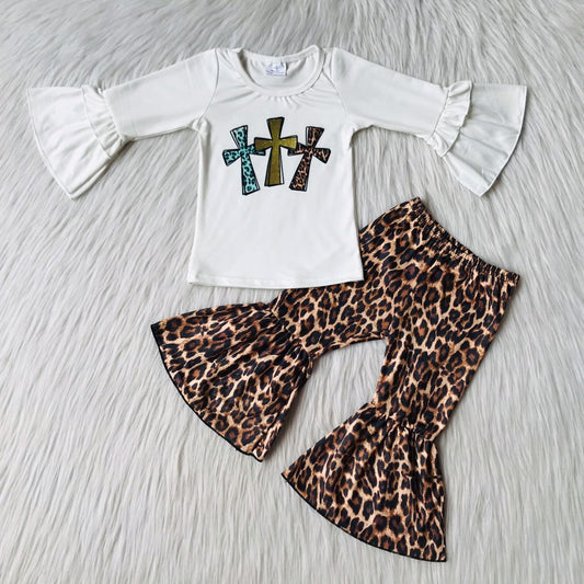 Girls Easter Cross Outfits Long Sleeves Bell Bottom Leopard Pants