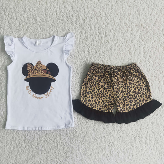 Girls Cartoon Outfits Short Sleeves Leopard Shorts