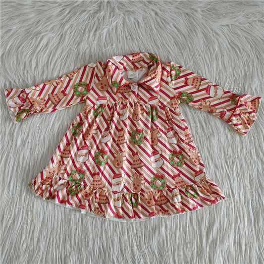 Girls Christmas Gown Long Sleeves Red Stripe Pajamas