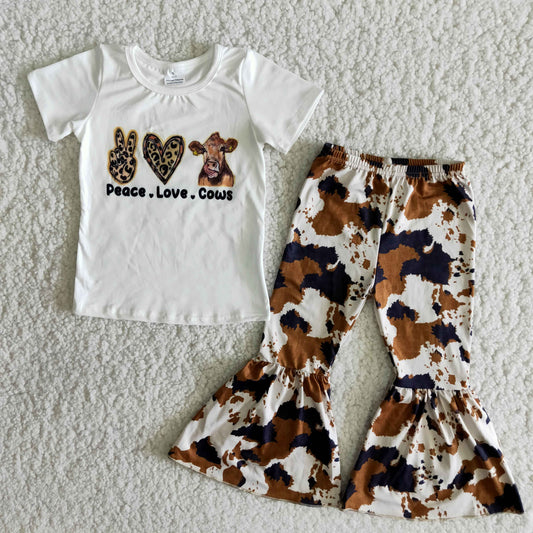 Girls Peace Love Cow Outfits Short Sleeves Bell Bottom Pants