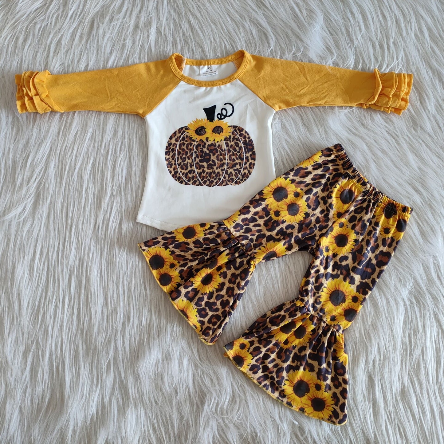 Baby Girls Pumpkin Outfits Long Sleeves Bell Bottom Pants Leopard Sunflowers Clothing