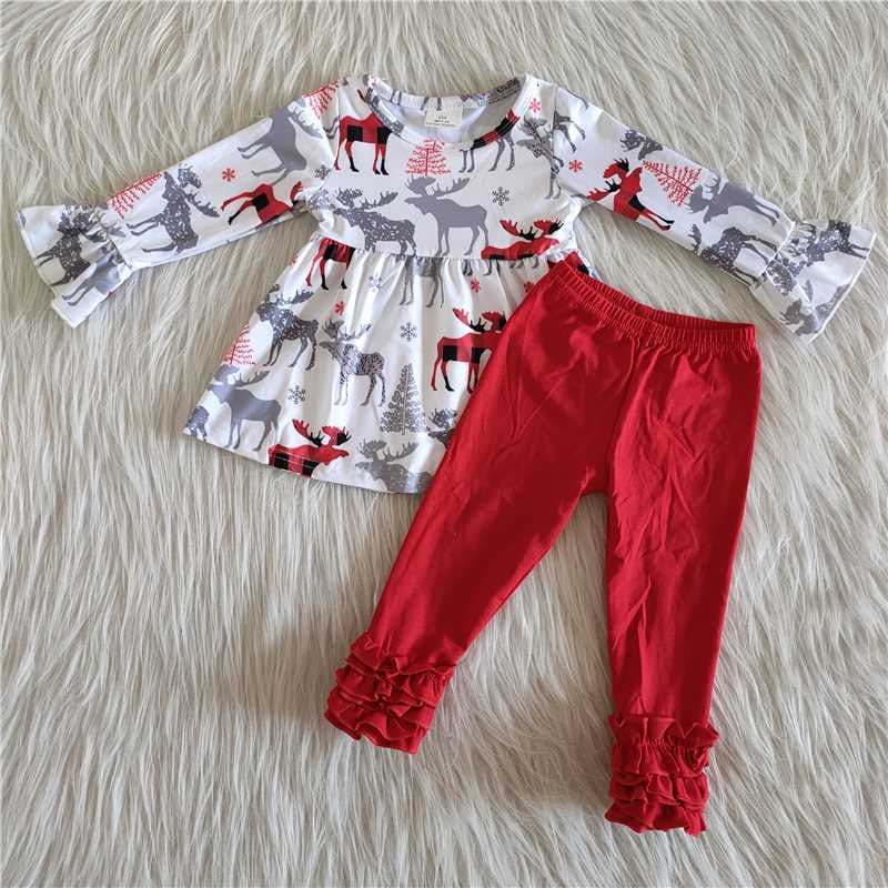 Girls Christmas Deer Outfits Clothing Long Sleeves Solid Red Pants