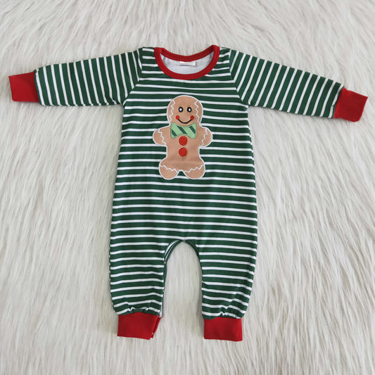 Boys Embroidery Christmas Rompers Green Stripe