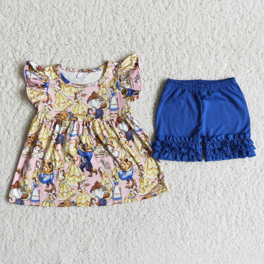 Girls Princess Outfits Short Sleeves Blue Shorts