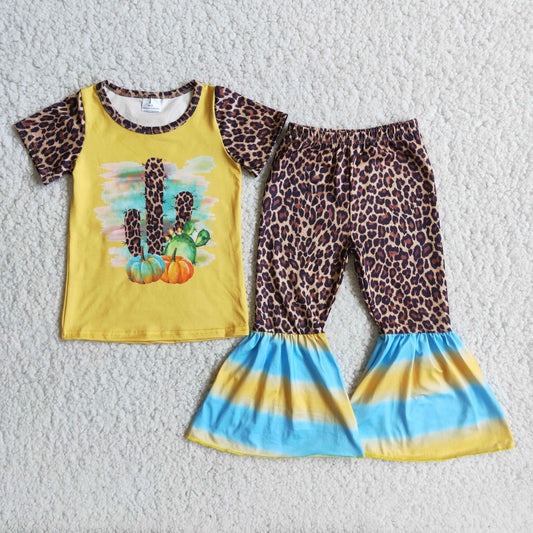 Girls Pumpkin Cactus Outfits Short Sleeves Bell Bottom Leopard Pants