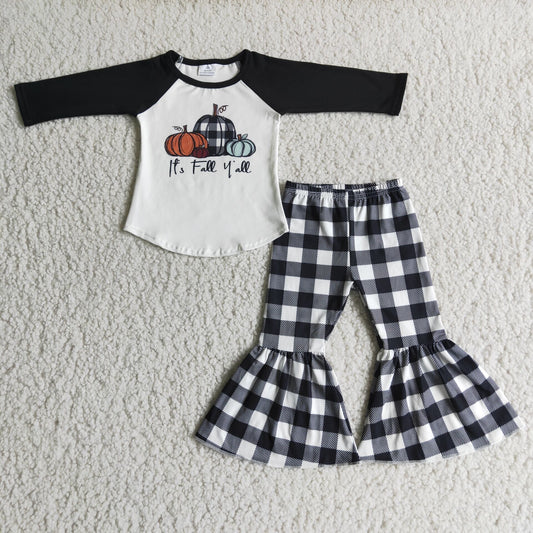 Baby Girls Pumpkin Outfits Long Sleeves Bell Bottom Plaid Pants Black Clothing