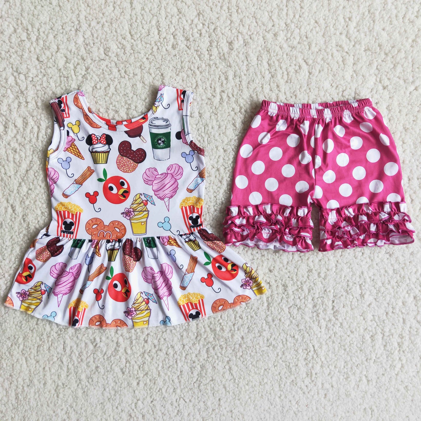 Girls Cartoon Outfits Short Sleeves Polka Dot Shorts