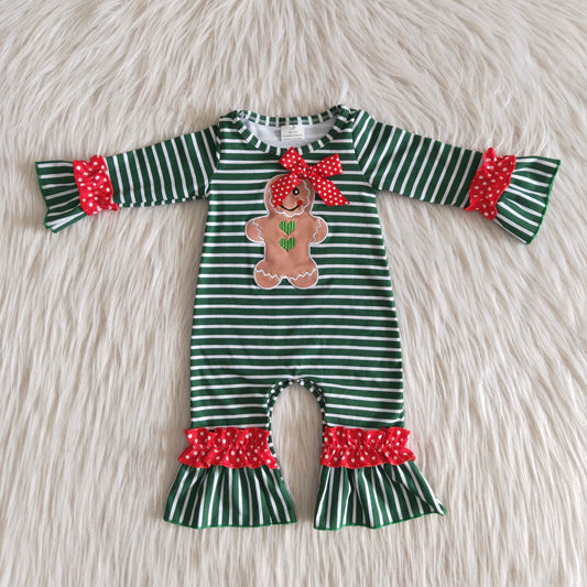 Girls Embroidery Christmas Rompers Green Stripe