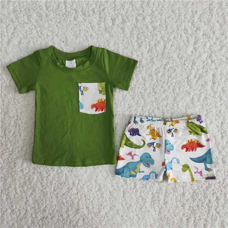 Boys Dinosaur Outfits Short Sleeves Green Shorts