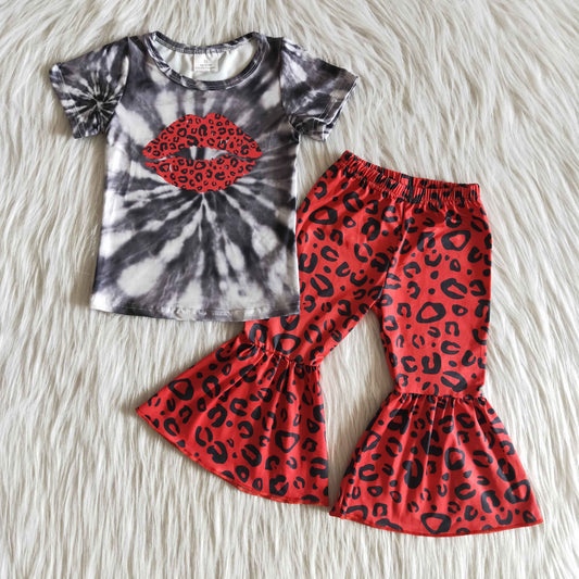 Girls Love Lip Outfits Short Sleeves Red Leopard Pants