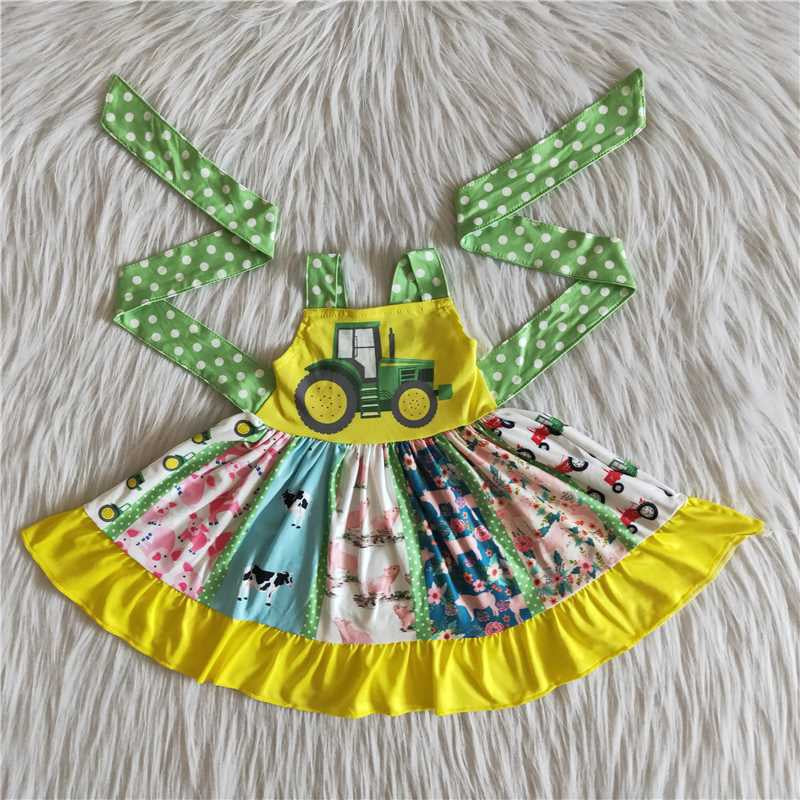 Girls Farm Tractor Twirl Dress Sleeveless With Belt