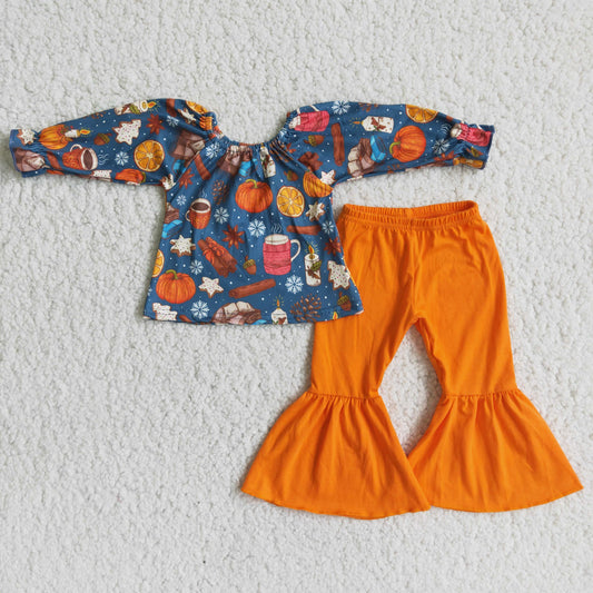 Baby Girls Long Sleeves Bell Bottom Pants Pumpkin Outfits Orange Clothing