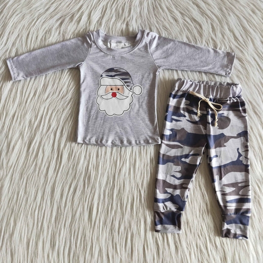 Boys Christmas Santa Outfits Long Sleeves Joggers Gray Camouflage