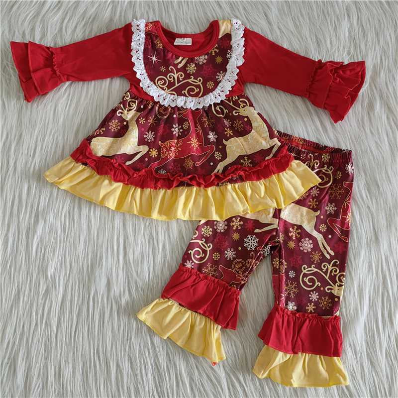 Girls Christmas Reindeer Outfits Long Sleeves Ruffled Red Pants