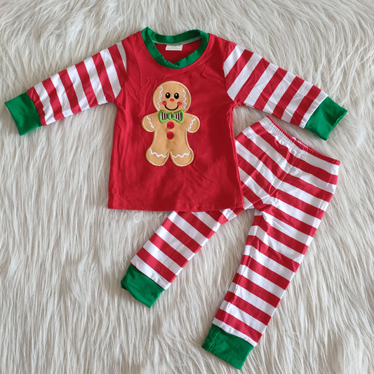 Boys Embroidery Christmas Pajamas Long Sleeves Joggers Red Stripe