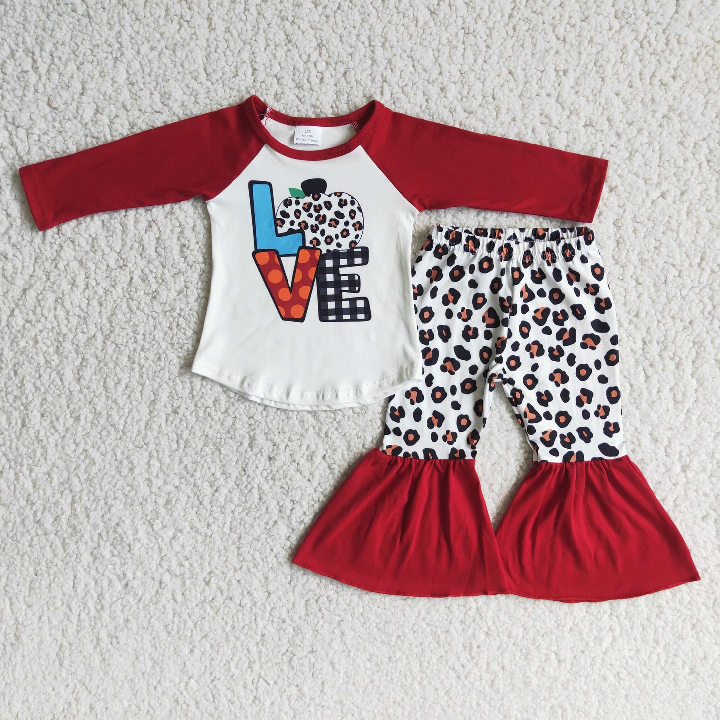 Baby Girls Long Sleeves Bell Bottom Pants Love Pumpkin Outfits Red Leopard