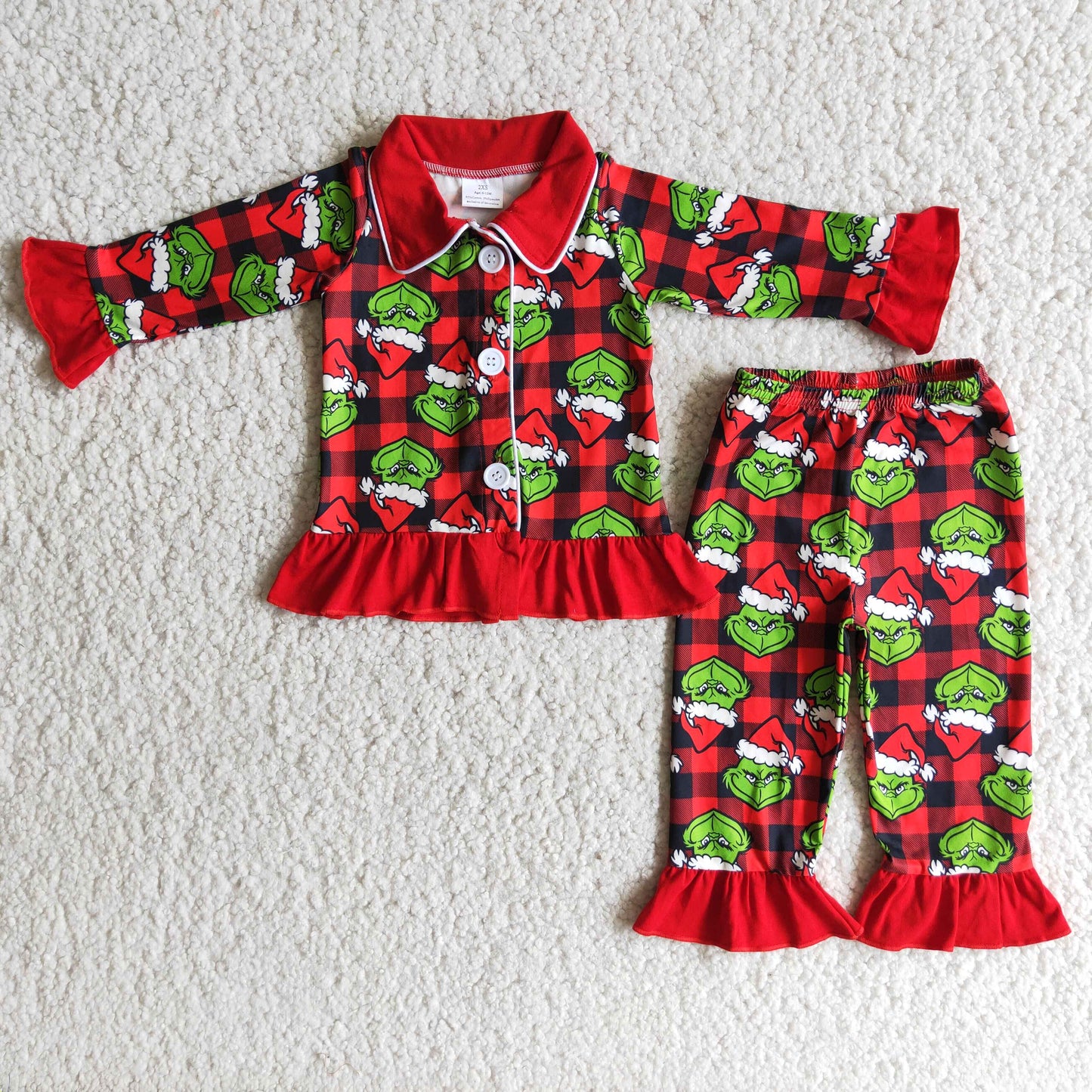 Girls Christmas Pajamas Long Sleeves Ruffled Pants Plaid