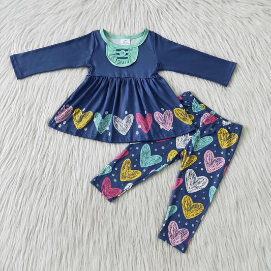 Girls Loving Heart Outfits Long Sleeves Blue Pants