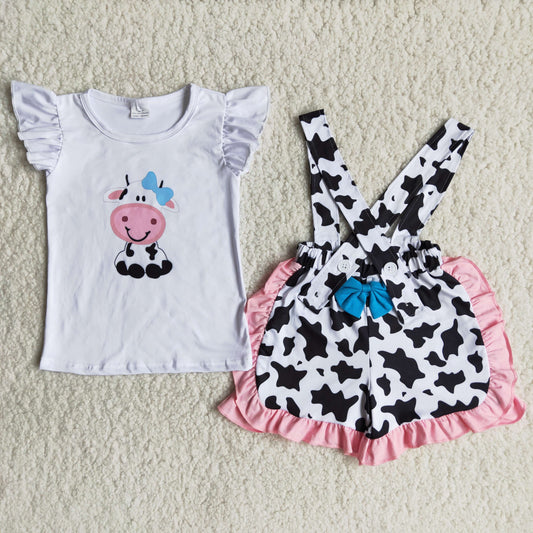 Girls Cow Summer Outfits Black Overall Shorts