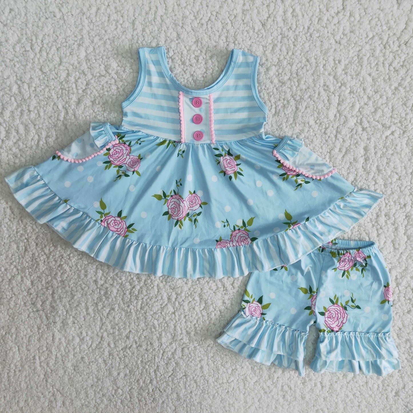 Girls Floral Outfits Short Sleeves Sky Blue Shorts