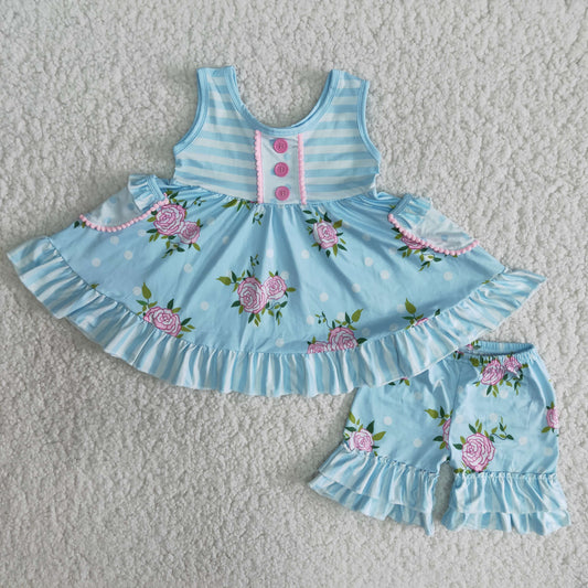 Girls Floral Outfits Short Sleeves Sky Blue Shorts