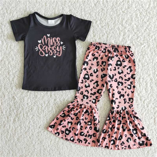 Girls Miss Sassy Outfits Short Sleeves Bell Bottom Leopard Pants