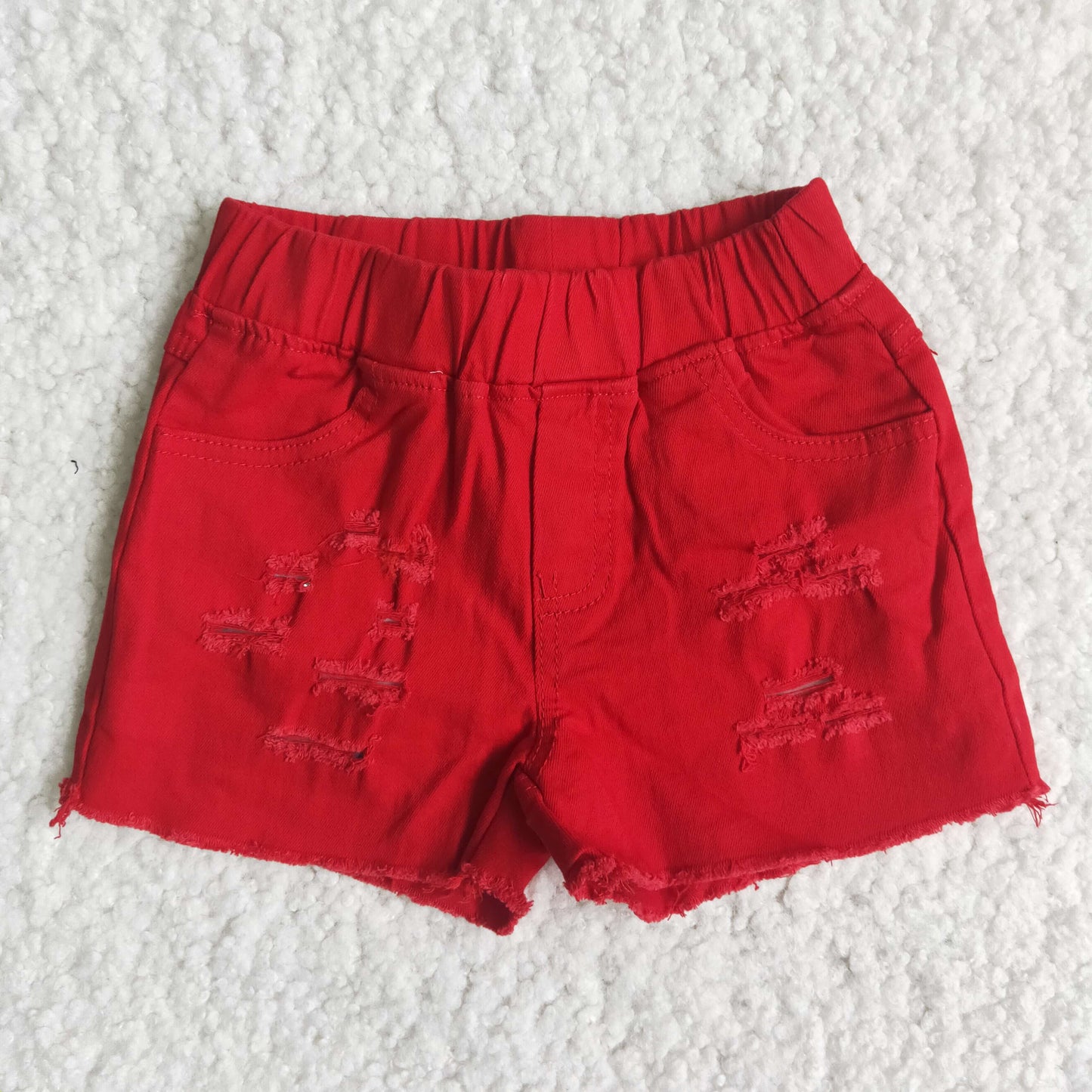 Girls Summer Red Denim Elastic Shorts