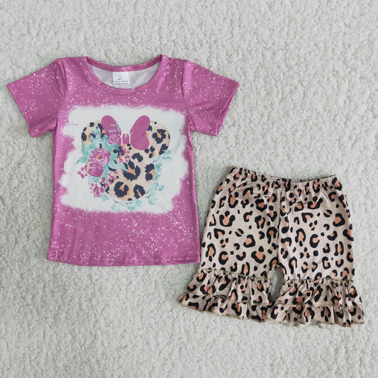 Girls Pink Outfits Short Sleeves Leopard Shorts