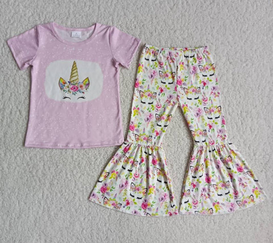 Girls Pink Unicorn Outfits Sleeveless Bell Bottom Pants