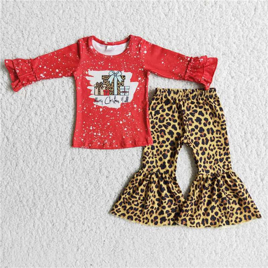 Baby Girls Christmas Gifts Outfits Long Sleeves Bell Bottom Leopard Pants Red Clothing