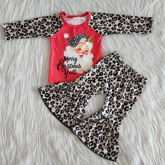 Baby Girls Christmas Santa Outfits Long Sleeves Bell Bottom Pants Leopard Clothing