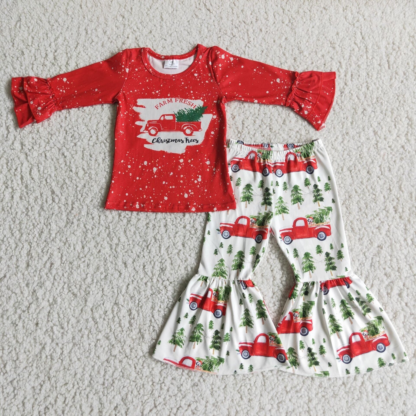 Girls Christmas Car Outfits Long Sleeves Bell Bottom Pants