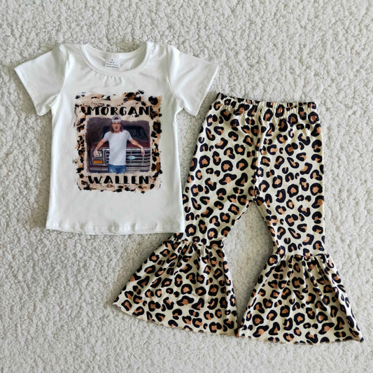 Girls White Singer Outfits Short Sleeves Bell Bottom Leopard Pants