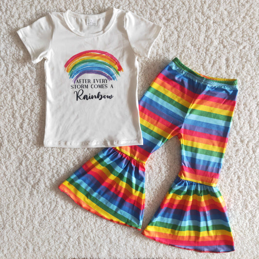 Girls Rainbow Outfits Short Sleeves Bell Bottom Stripe Pants