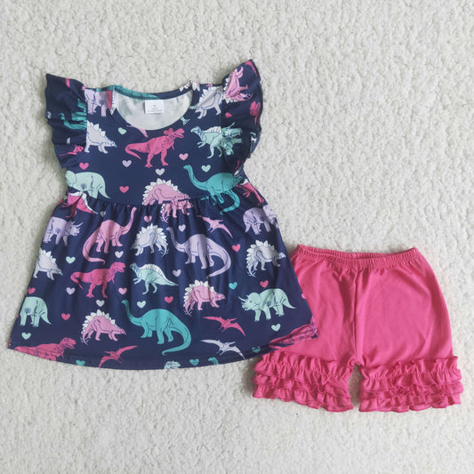 Girls Dinosaurs Outfits Short Sleeves Red Shorts