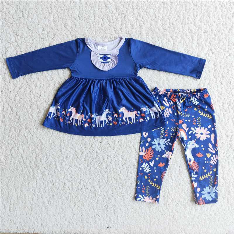 Girls Unicorn Outfits Long Sleeves Pants Blue