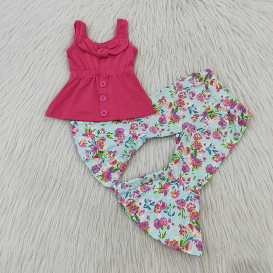 Girls Pink Bows Outfits Sleeveless Floral Pants