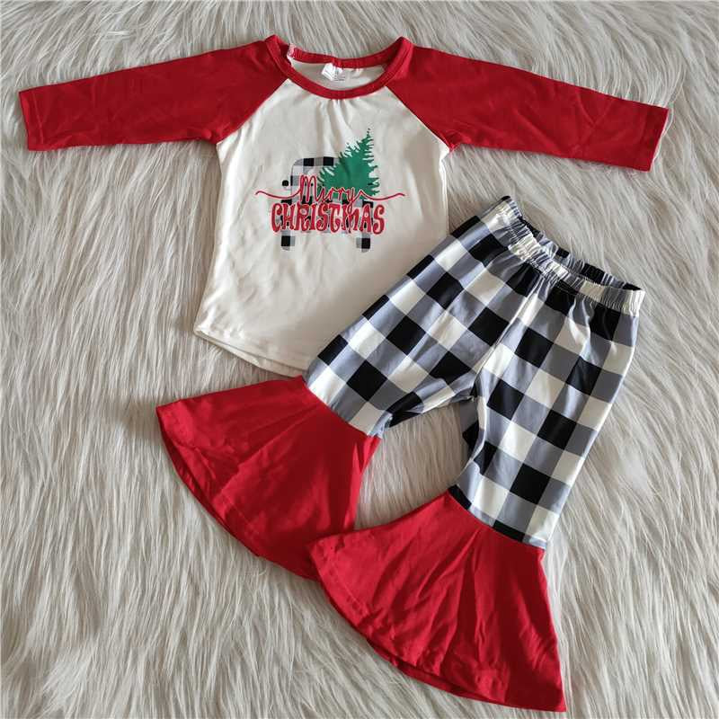 6 A12-15 Girls Merry Christmas Outfits Long Sleeves Plaid Bell Bottom Pants