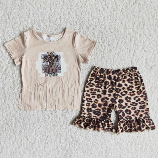 Girls Cross Jesus Outfits Short Sleeves Leopard Shorts